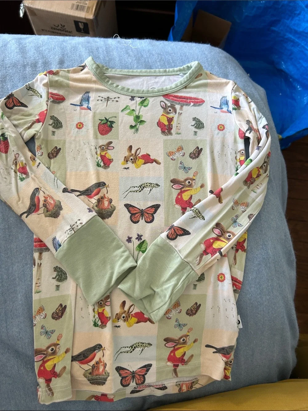 Children's Bunny Print Pajama Set in Light Green Trim